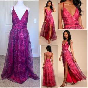 NWT Lulus Romance That Wows Magenta Floral Print Organza Maxi Dress Sz Large
